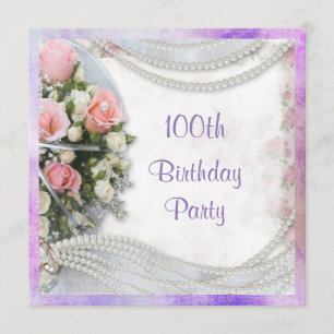 Invitation Roses romantiques et perles 100e fête d'anniversai