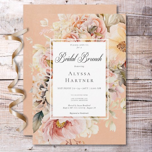 Invitation Roses romantiques roses et blush Peach Bridal Brun