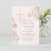 Invitation Roses rose Baby's Breath Première communion (Debout devant)