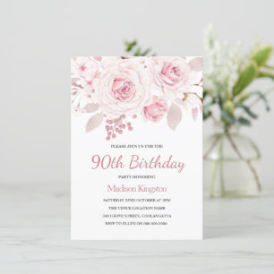 Invitation Roses Rose Blush Élégante 90ème anniversaire