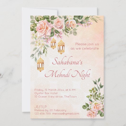 Invitation Roses rose crème pastel aux lanternes marocaines (Devant)