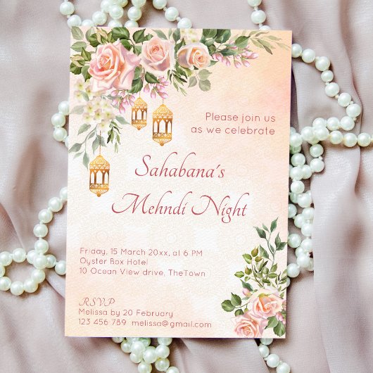 Invitation Roses rose crème pastel aux lanternes marocaines