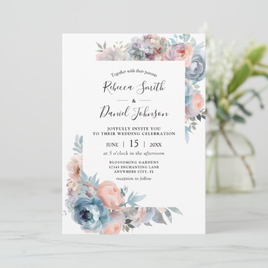 Invitation Roses rose et bleu roux Aquarelle Mariage Floral (Debout devant)
