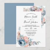 Invitation Roses rose et bleu roux Aquarelle Mariage Floral (Devant / Derrière)