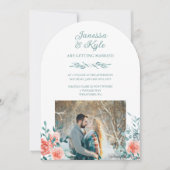 Invitation Roses rose et eucalyptus vert clair pour mariage (Devant)