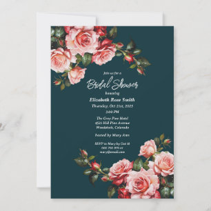 Invitation Roses rose et rouge foncé moody turquoise douche n