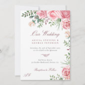 Invitation Roses rose pâle aquarelle florale élégant mariage (Devant)