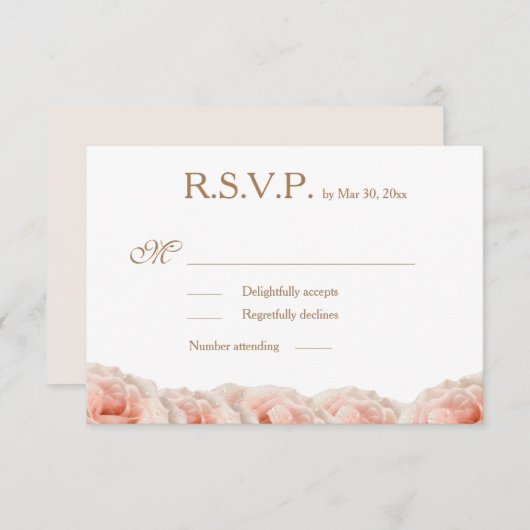 Invitation Roses rose pâle Floral Or Blanc Mariage RSVP (Devant / Derrière)