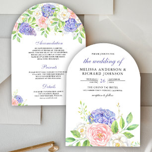 Invitation Roses Rose Pâle Hydrangeas Violettes Fleurs Mariag