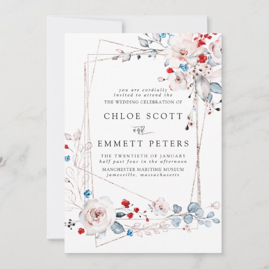 Invitation Roses rose pâle Mariage Fleurs rouges et bleues (Devant)