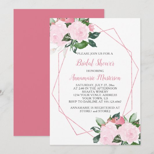 Invitation Roses rose pâle Verdure Fête des mariées géométriq (Devant / Derrière)