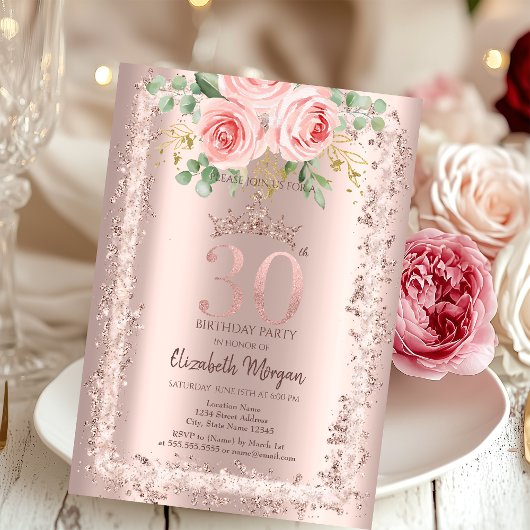 Invitation Roses, Rose Parties scintillant or cadre Couronne 