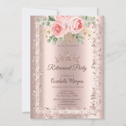 Invitation Roses, Rose Parties scintillant or cadre Couronne  (Devant)