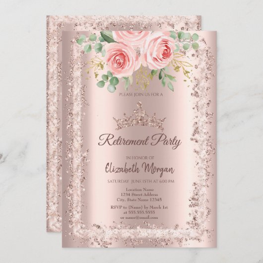 Invitation Roses, Rose Parties scintillant or cadre Couronne  (Devant / Derrière)