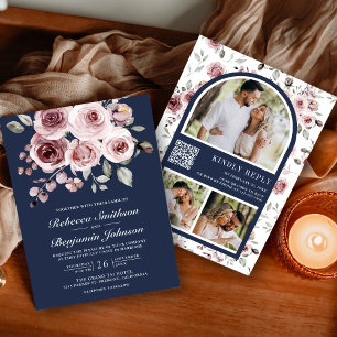 Invitation Roses Rose Poussiéreux Code QR Bleu Marine Mariage