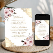 Invitation Roses Rose Poussiéreux Dentelle Dorée Code QR Mari