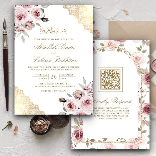 Invitation Roses Rose Poussiéreux Dentelle Dorée Code QR Mari