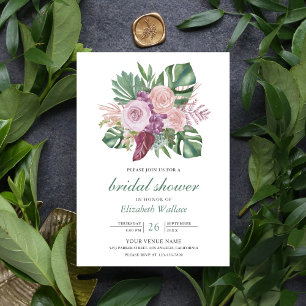 Invitation Roses Rose Poussiéreux Tropical Bridal Monstera