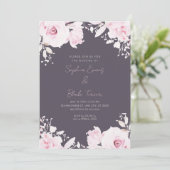 Invitation Roses rose romantique Fumée Mariage gris été (Debout devant)