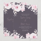 Invitation Roses rose romantique Fumée Mariage gris été (Devant / Derrière)