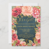 Invitation Roses rose rousse bleu marine or lumières bébé dou (Devant)