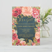 Invitation Roses rose rousse bleu marine or lumières bébé dou (Debout devant)