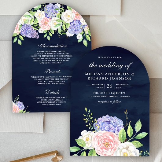 Invitation Roses Rose Saumon Hydrangea Violette Mariage Bleu