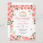 Invitation Roses rose vierge élégant papillon Quinceanera Inv (Devant / Derrière)