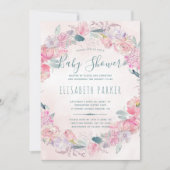 Invitation Roses rose vif wreath chic baby shower romantique (Devant)