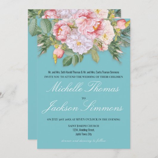 Invitation Roses rose Vintage bleu clair Mariage romantique (Devant / Derrière)