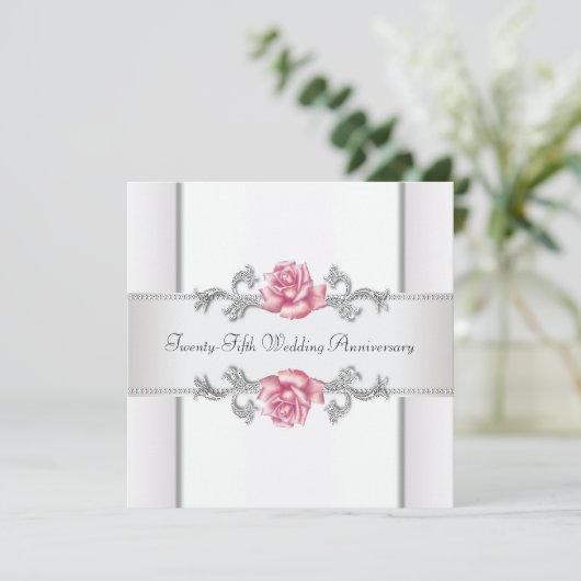 Invitation Roses roses argent 25e anniversaire de mariage (Debout devant)
