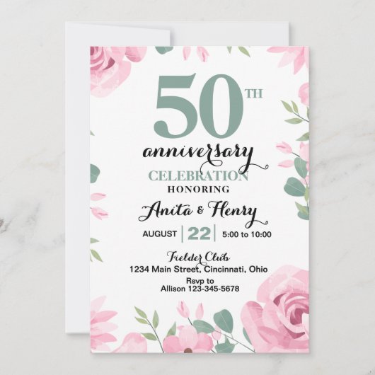 Invitation Roses roses avec texte vert sauge pour anniversair (Devant)