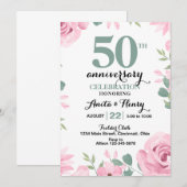 Invitation Roses roses avec texte vert sauge pour anniversair (Devant / Derrière)