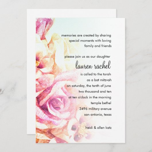 Invitation Roses roses bat mitzvah (Devant / Derrière)