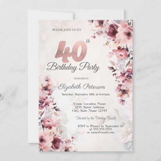 Invitation Roses roses blanches 40e anniversaire (Devant)