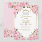 Invitation Roses roses blanches et or Tiara Floral Quinceaner (Devant / Derrière)