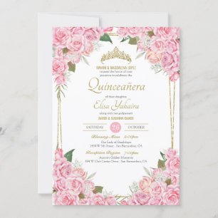 Invitation Roses roses blanches et or Tiara Floral Quinceaner