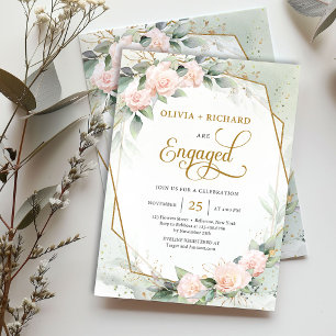 Invitation Roses roses blanches eucalyptus or cadre fiançaill