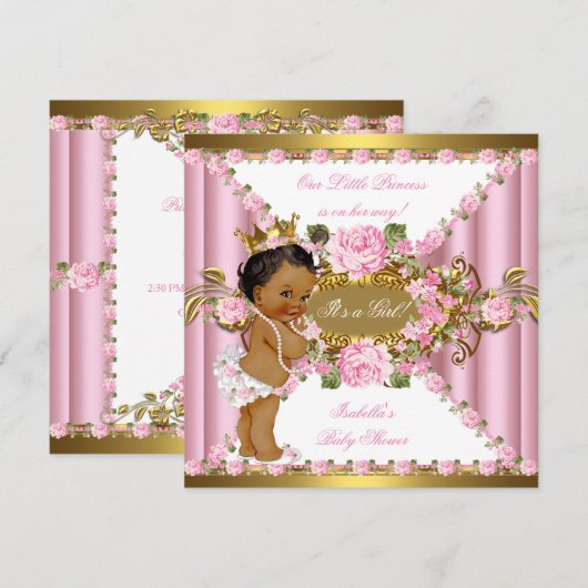 Invitation Roses roses blanches Gold Princesse Baby shower et (Devant / Derrière)