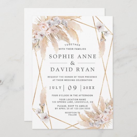 Invitation Roses roses blanches Orchidée Pampas Mariage d'or  (Devant / Derrière)