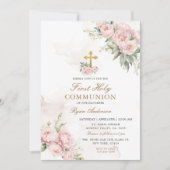 Invitation Roses roses blanches Première communion sainte (Devant)