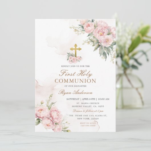 Invitation Roses roses blanches Première communion sainte (Debout devant)