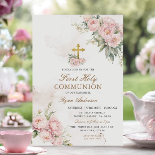 Invitation Roses roses blanches Première communion sainte