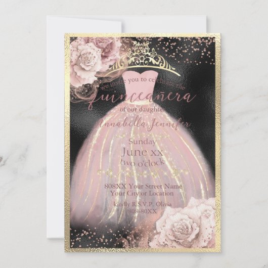 Invitation Roses roses blanches sur BLack & Gold Quinceañera (Devant)