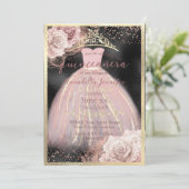 Invitation Roses roses blanches sur BLack & Gold Quinceañera (Debout devant)