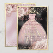 Invitation Roses roses blanches sur BLack & Gold Quinceañera (Devant / Derrière)