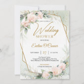 Invitation Roses roses blanches Wedding shower d'or eucalyptu (Devant)