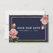 Invitation Roses roses bleue marine et or moderne, save the d (Dos)