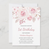 Invitation Roses Roses Blush Élégantes Filles 1er anniversair (Devant)