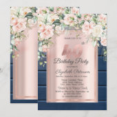 Invitation Roses roses, Bois Bleu Rose Or 40e anniversaire (Devant / Derrière)